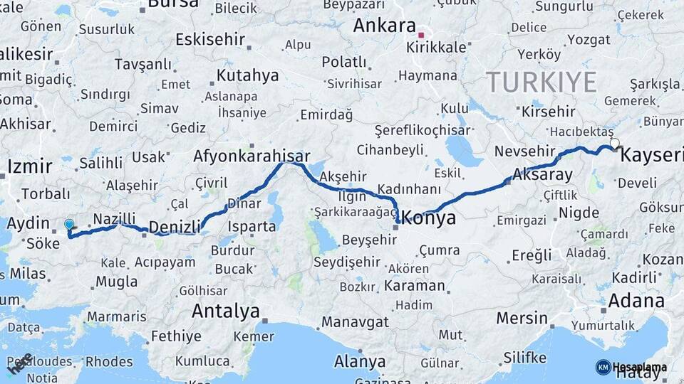 Aydın Köşk Kayseri Arası Kaç Km - Yol Haritası