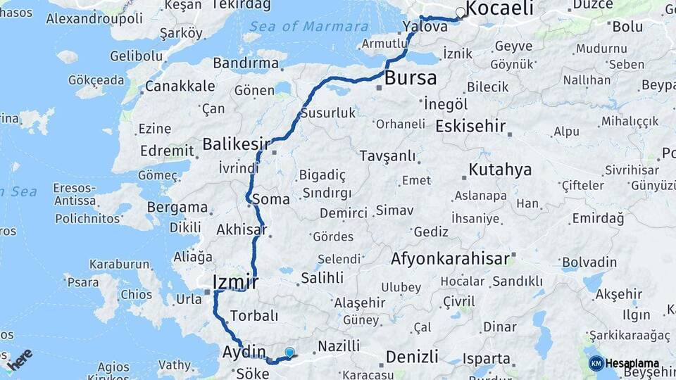 Aydın Köşk Kocaeli Arası Kaç Km - Yol Haritası