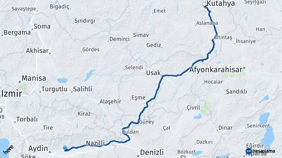 Aydın Köşk Kütahya Arası Kaç Km - Yol Haritası