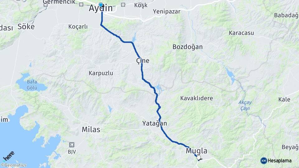 Aydın Kötekli Menteşe Muğla Arası Kaç Km - Yol Haritası