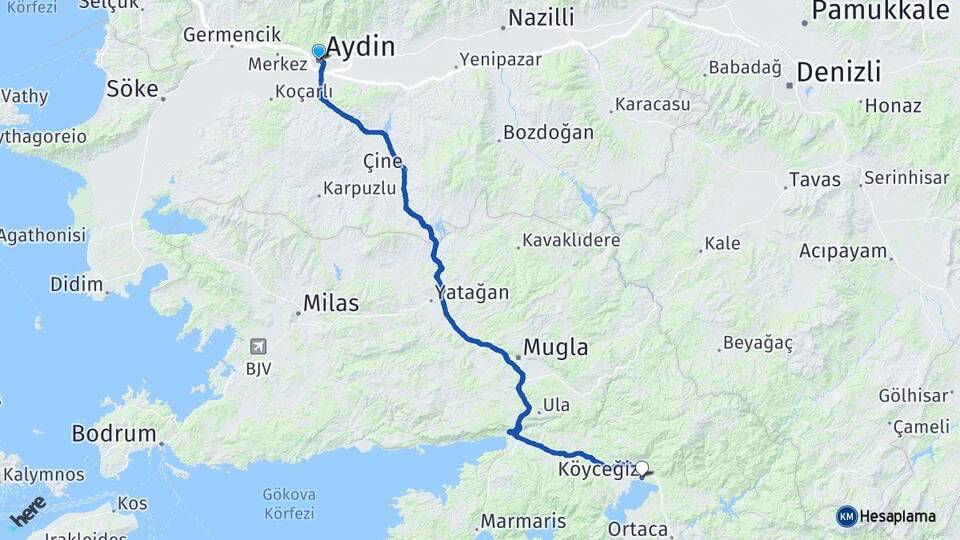 Aydın Köyceğiz Muğla Arası Kaç Km - Yol Haritası