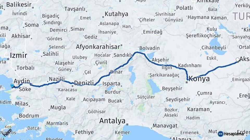 Aydın Kuşadası Aksaray Arası Kaç Km - Yol Haritası
