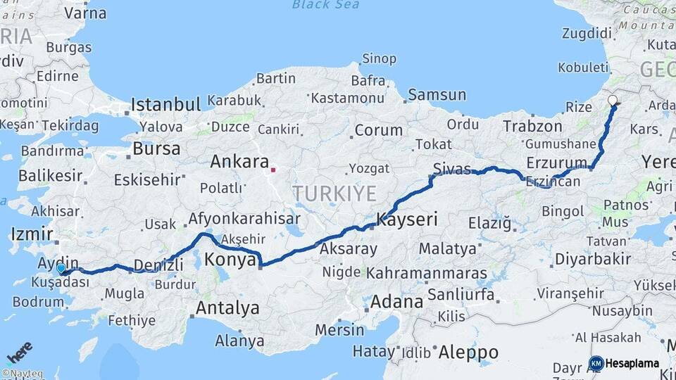 Aydın Kuşadası Artvin Arası Kaç Km - Yol Haritası