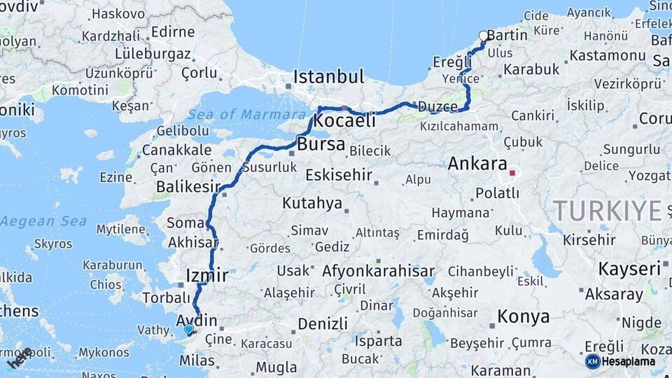 Aydın Kuşadası Bartın Arası Kaç Km - Yol Haritası