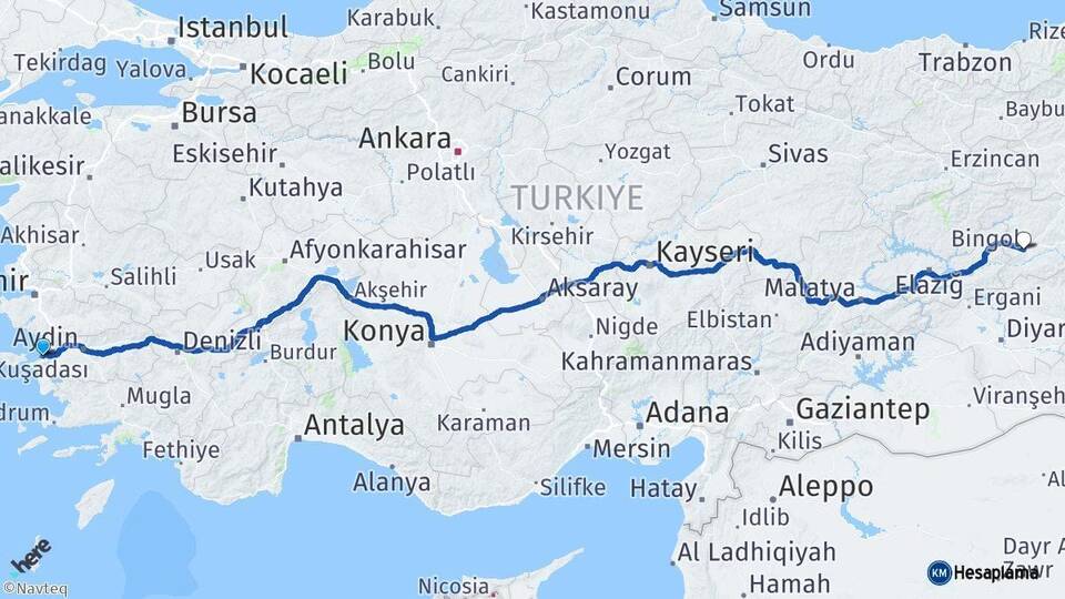 Aydın Kuşadası Bingöl Arası Kaç Km - Yol Haritası