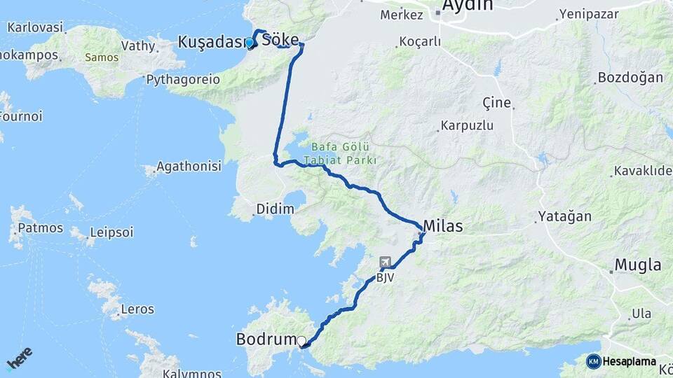 Aydın Kuşadası Bodrum Muğla Arası Kaç Km - Yol Haritası