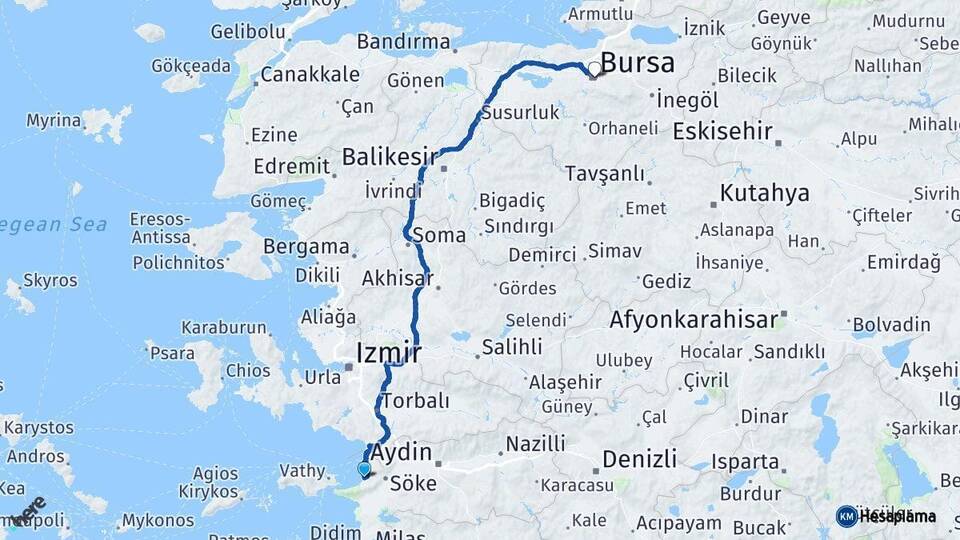 Aydın Kuşadası Bursa Arası Kaç Km - Yol Haritası