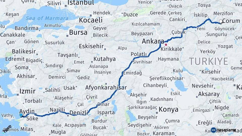 Aydın Kuşadası Çorum Arası Kaç Km - Yol Haritası