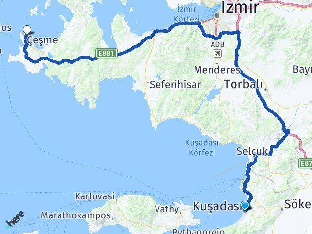 Aydın Kuşadası Dalyan Çeşme İzmir Arası Kaç Km - Yol Haritası