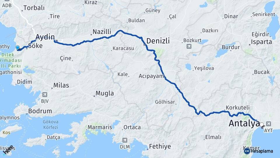 Aydın Kuşadası Davutlar Antalya Arası Kaç Km - Yol Haritası