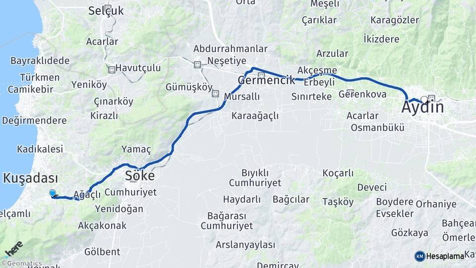 Aydın Kuşadası Davutlar Arası Kaç Km - Yol Haritası