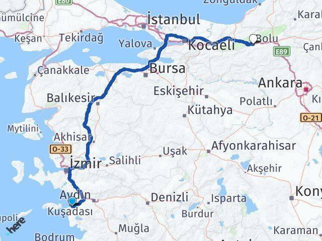 Aydın Kuşadası Davutlar Bolu Arası Kaç Km - Yol Haritası