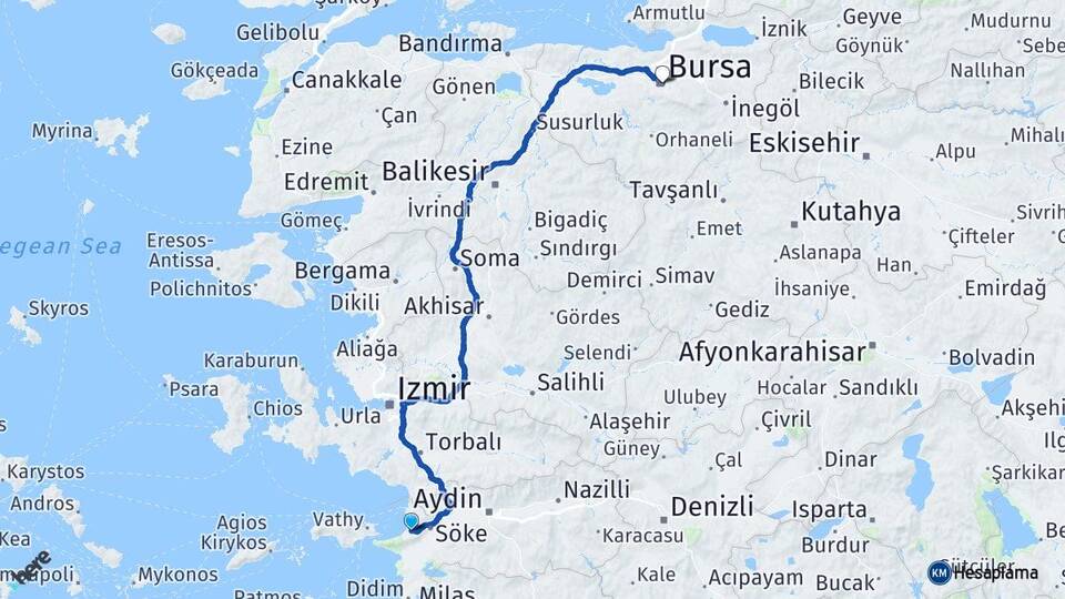 Aydın Kuşadası Davutlar Bursa Arası Kaç Km - Yol Haritası