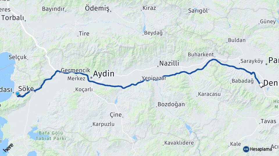 Aydın Kuşadası Davutlar Denizli Arası Kaç Km - Yol Haritası