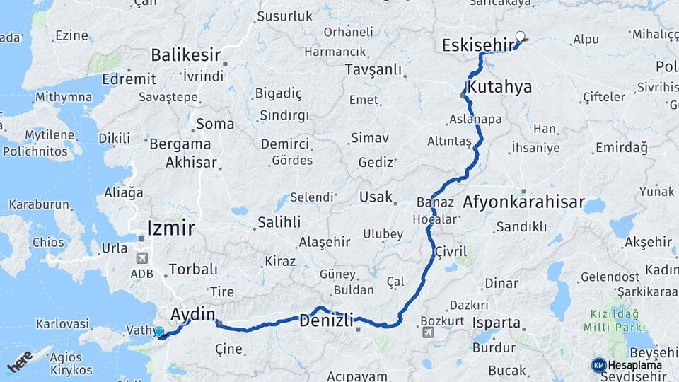 Aydın Kuşadası Davutlar Eskişehir Arası Kaç Km - Yol Haritası