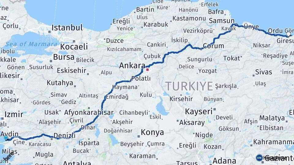 Aydın Kuşadası Giresun Arası Kaç Km - Yol Haritası