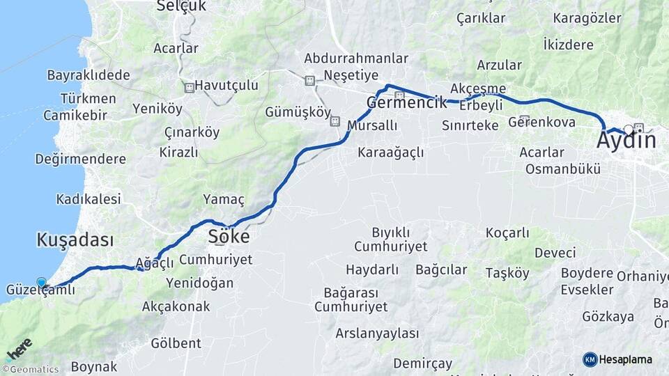 Aydın Kuşadası Güzelçamlı Arası Kaç Km - Yol Haritası