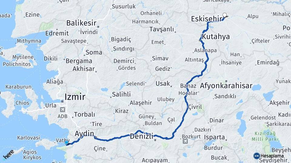 Aydın Kuşadası Güzelçamlı Eskişehir Arası Kaç Km - Yol Haritası