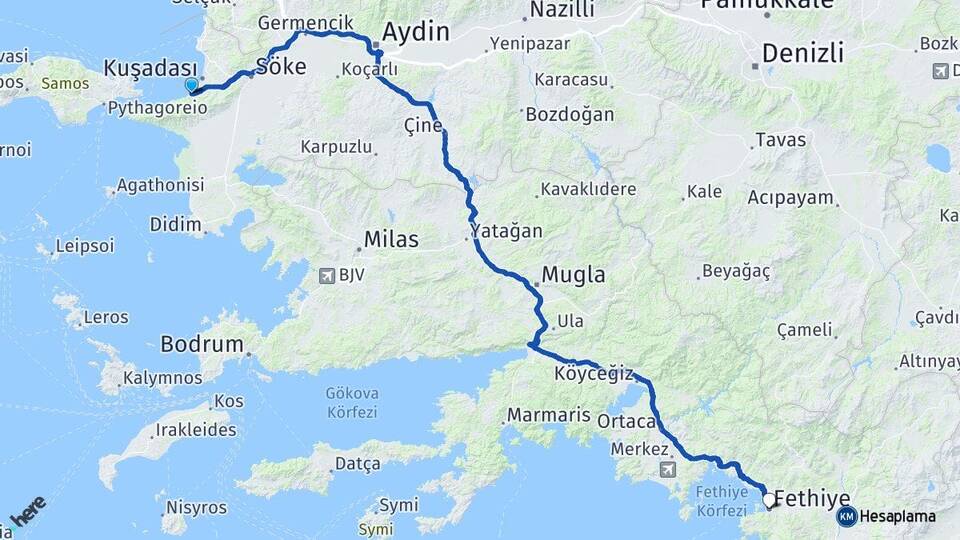 Aydın Kuşadası Güzelçamlı Fethiye Muğla Arası Kaç Km - Yol Haritası