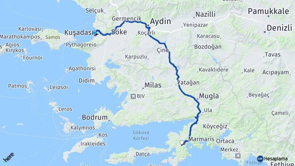 Aydın Kuşadası İçmeler Marmaris Muğla Arası Kaç Km - Yol Haritası