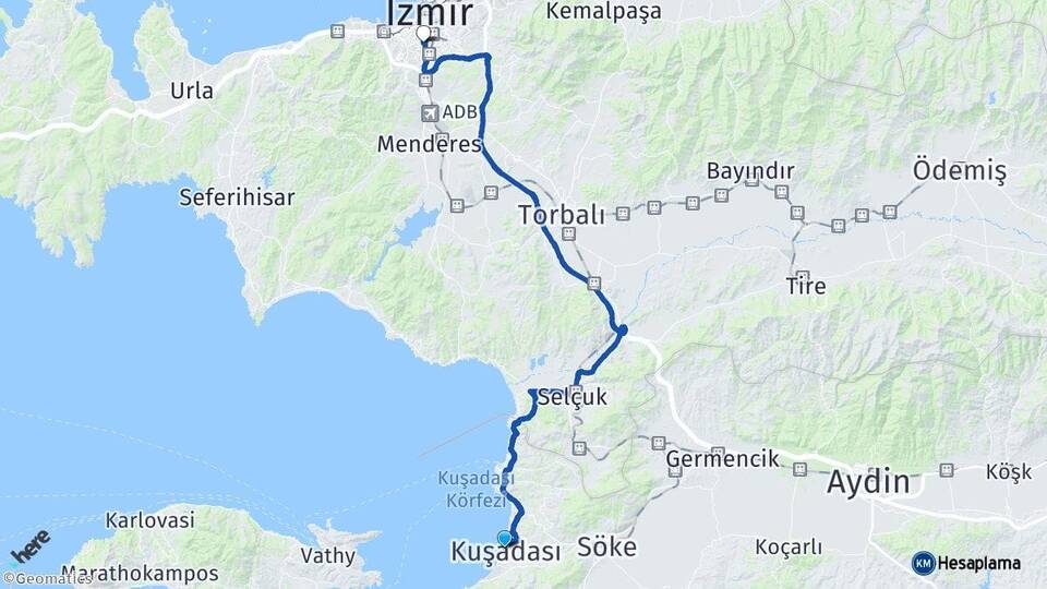 Aydın Kuşadası Karabağlar İzmir Arası Kaç Km - Yol Haritası