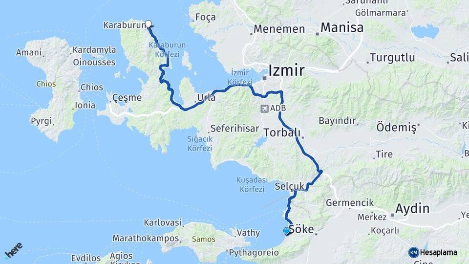 Aydın Kuşadası Karaburun İzmir Arası Kaç Km - Yol Haritası