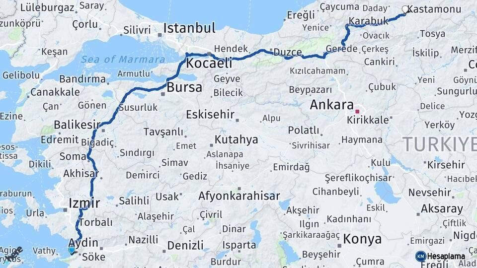 Aydın Kuşadası Kastamonu Arası Kaç Km - Yol Haritası