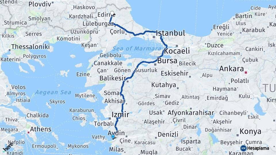 Aydın Kuşadası Kırklareli Arası Kaç Km - Yol Haritası