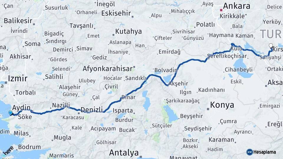 Aydın Kuşadası Kırşehir Arası Kaç Km - Yol Haritası