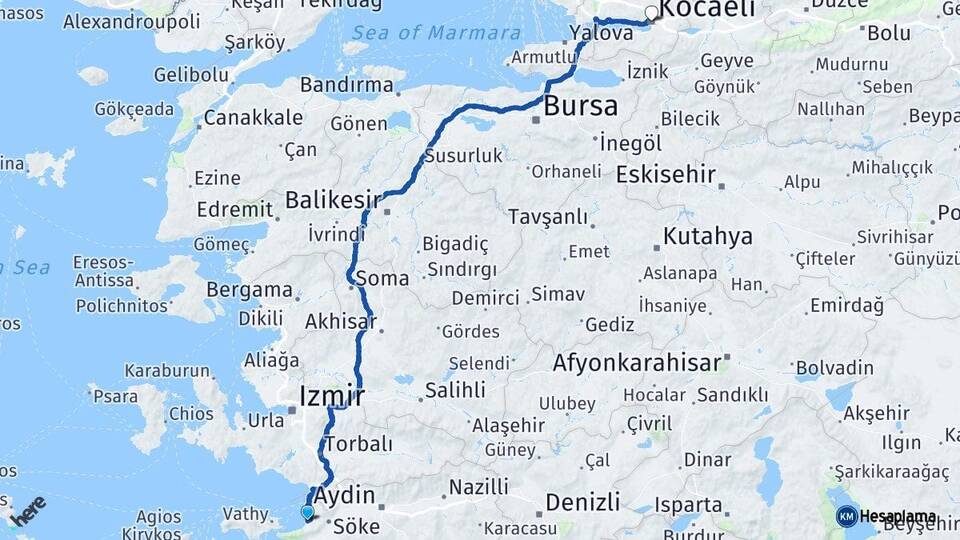 Aydın Kuşadası Kocaeli Arası Kaç Km - Yol Haritası