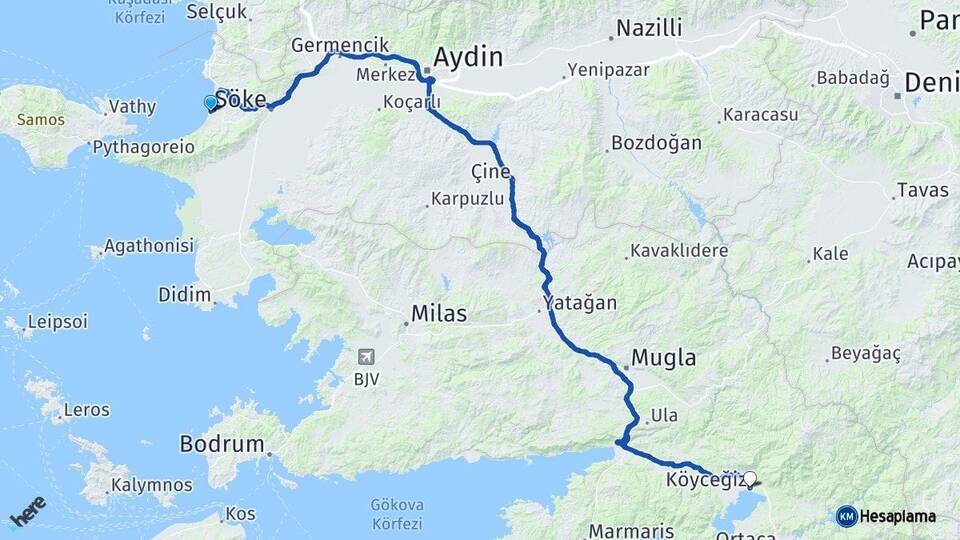 Aydın Kuşadası Köyceğiz Muğla Arası Kaç Km - Yol Haritası