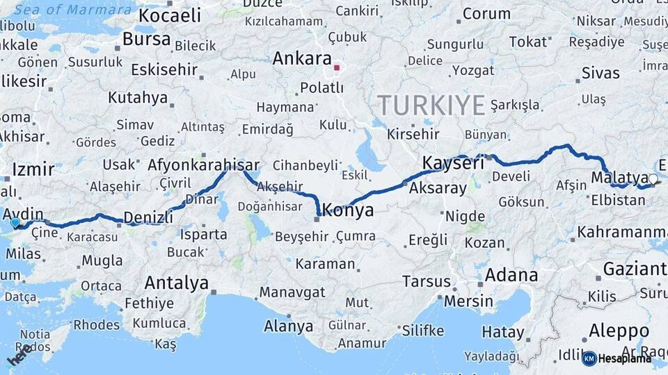 Aydın Kuşadası Malatya Arası Kaç Km - Yol Haritası