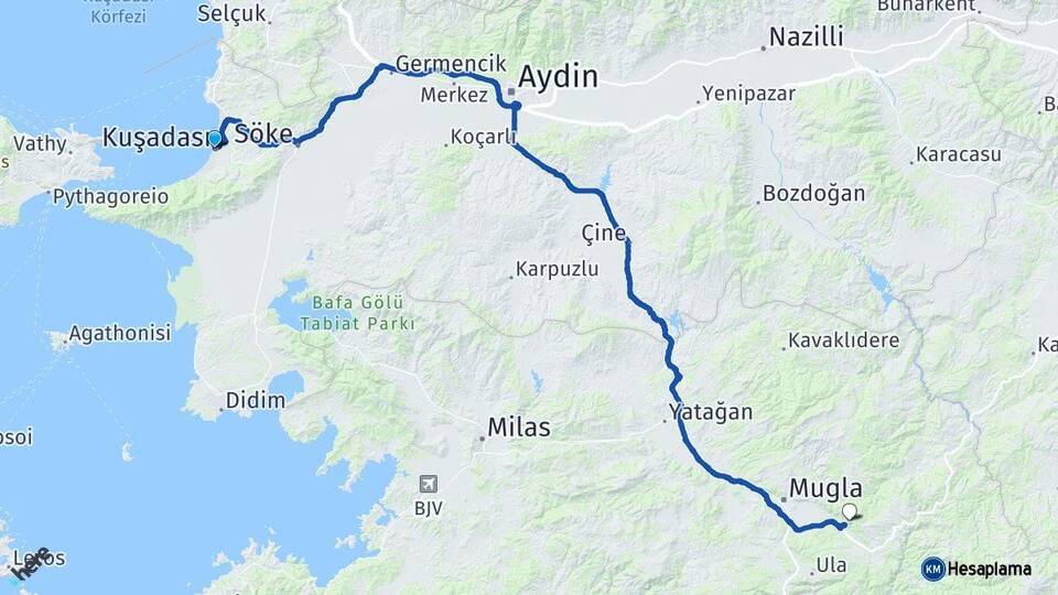Aydın Kuşadası Muğla Arası Kaç Km - Yol Haritası