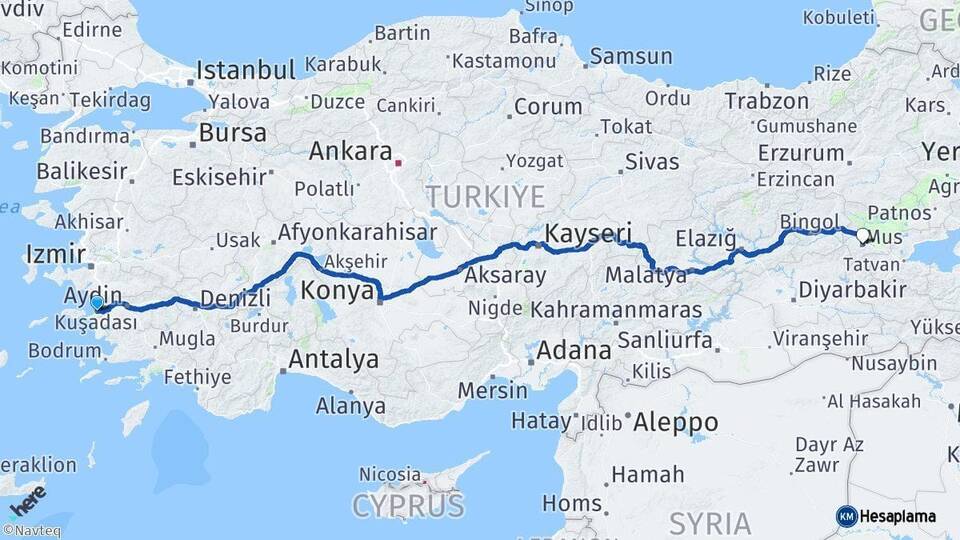 Aydın Kuşadası Muş Arası Kaç Km - Yol Haritası
