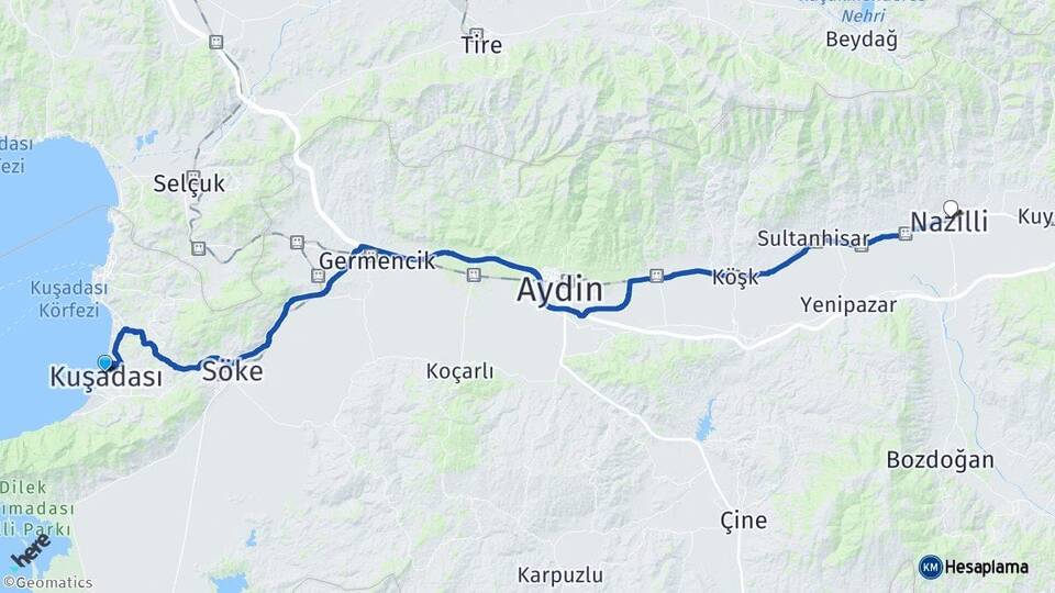 Aydın Kuşadası Nazilli Arası Kaç Km - Yol Haritası