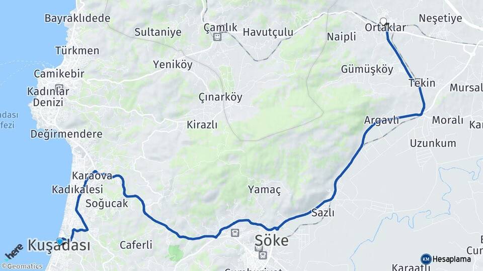 Aydın Kuşadası Ortaklar Germencik Arası Kaç Km - Yol Haritası