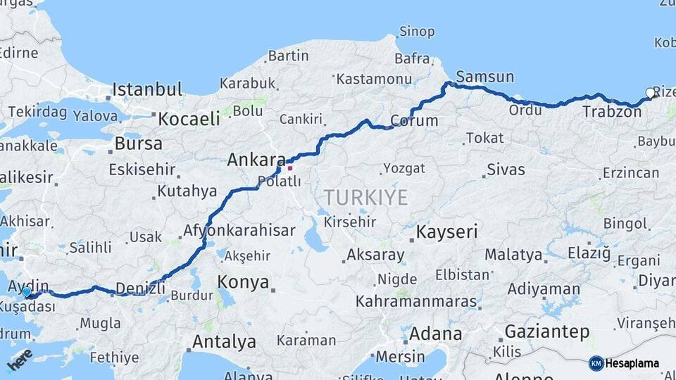 Aydın Kuşadası Rize Arası Kaç Km - Yol Haritası