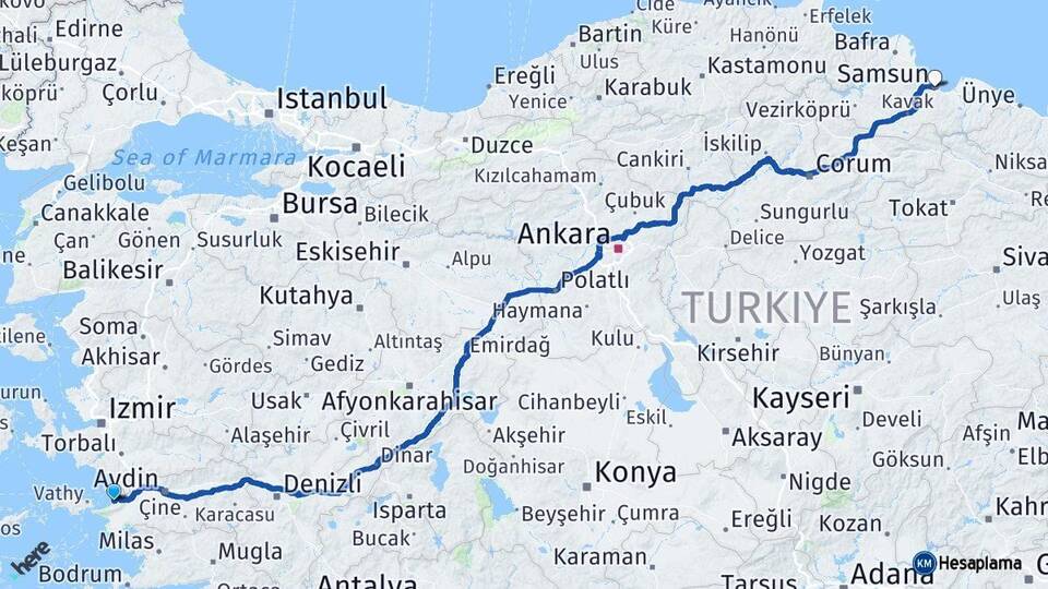 Aydın Kuşadası Samsun Arası Kaç Km - Yol Haritası