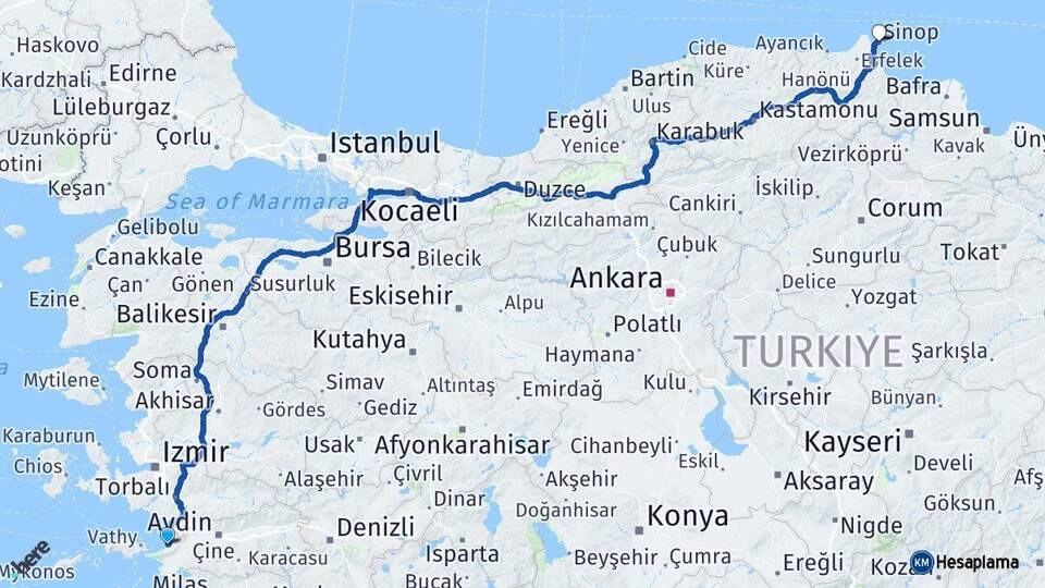 Aydın Kuşadası Sinop Arası Kaç Km - Yol Haritası