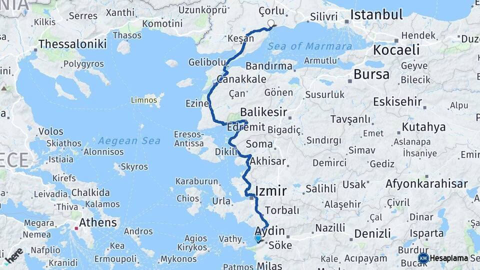 Aydın Kuşadası Tekirdağ Arası Kaç Km - Yol Haritası