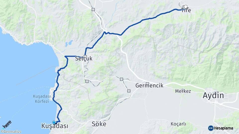 Aydın Kuşadası Tire İzmir Arası Kaç Km - Yol Haritası