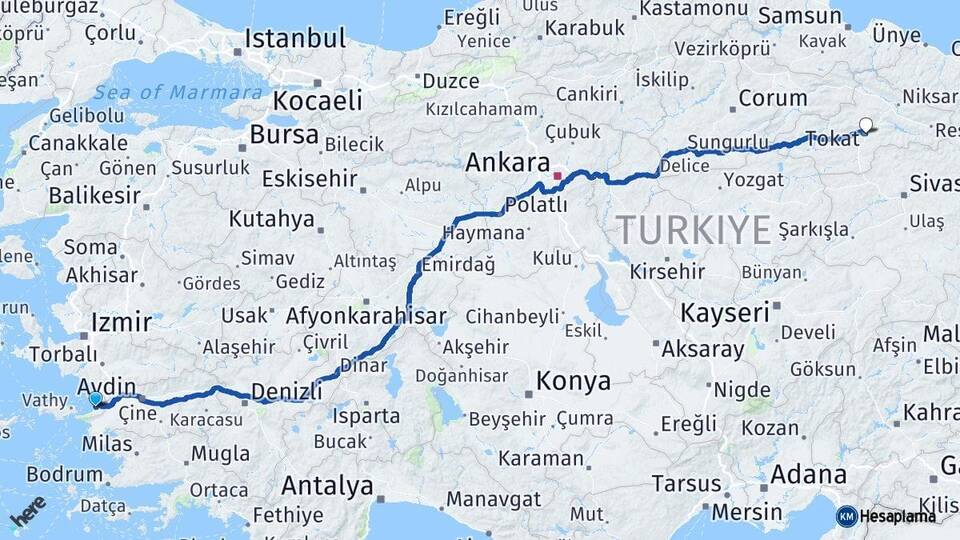 Aydın Kuşadası Tokat Arası Kaç Km - Yol Haritası