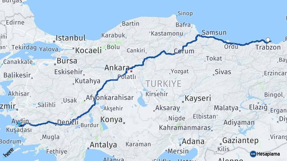 Aydın Kuşadası Trabzon Arası Kaç Km - Yol Haritası
