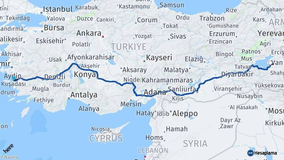Aydın Kuşadası Van Arası Kaç Km - Yol Haritası