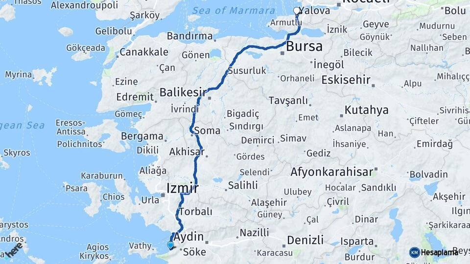 Aydın Kuşadası Yalova Arası Kaç Km - Yol Haritası