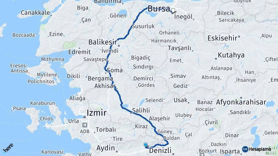 Aydın Kuyucak Bursa Arası Kaç Km - Yol Haritası