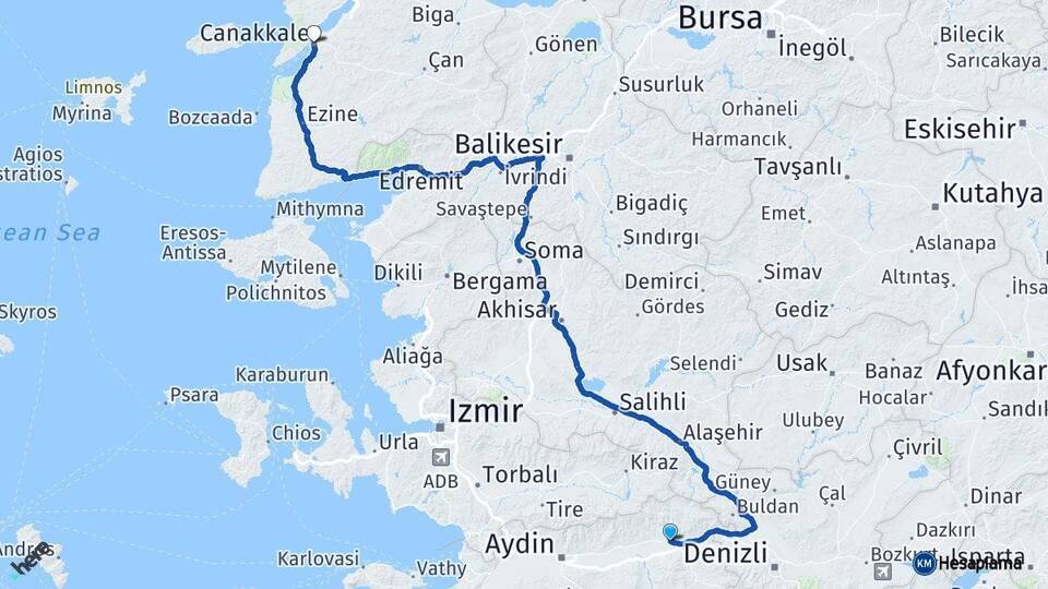 Aydın Kuyucak Çanakkale Arası Kaç Km - Yol Haritası