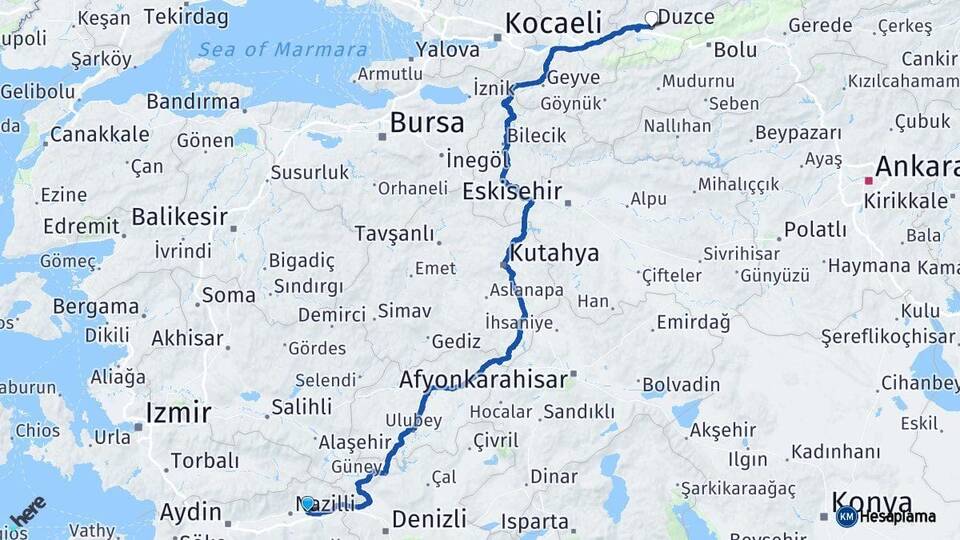 Aydın Kuyucak Düzce Arası Kaç Km - Yol Haritası