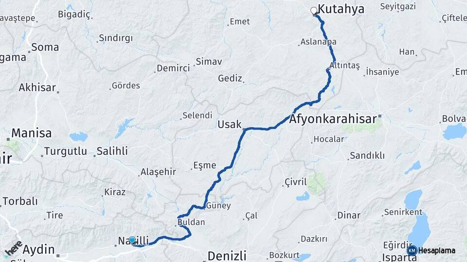 Aydın Kuyucak Kütahya Arası Kaç Km - Yol Haritası