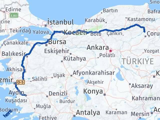 Aydın Laçin Çorum Arası Kaç Km - Yol Haritası